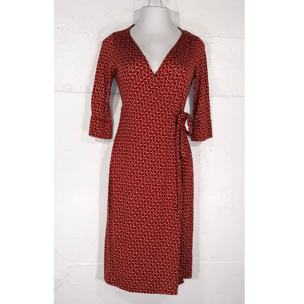 Diane Von Furstenberg Rust Red Printed Wrap Midi Dress - Picture 2 of 8